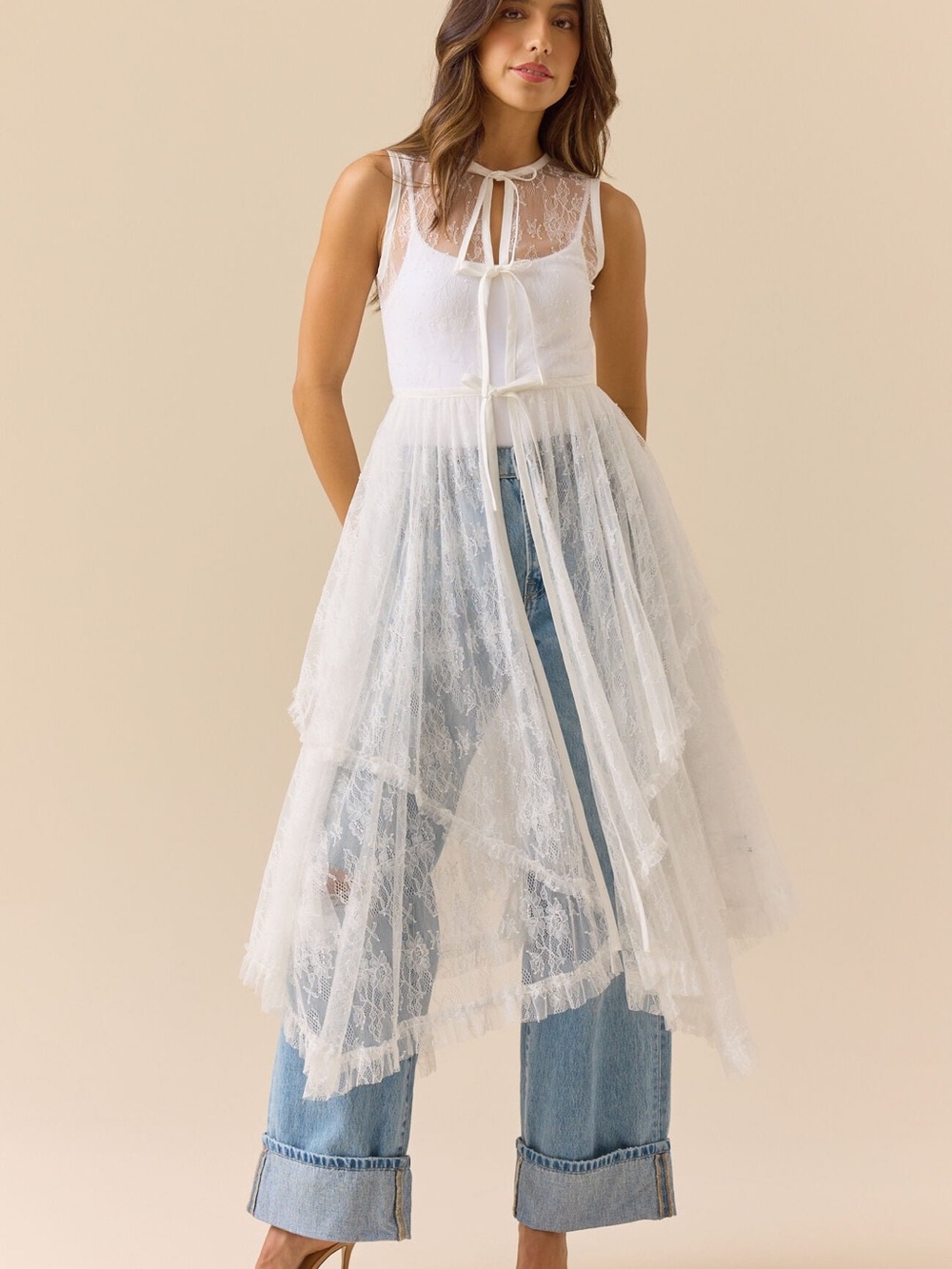 Altar'd State Maddie Lace Ruffle Kimono Duster White Sheer Romantic Boho-Chic S